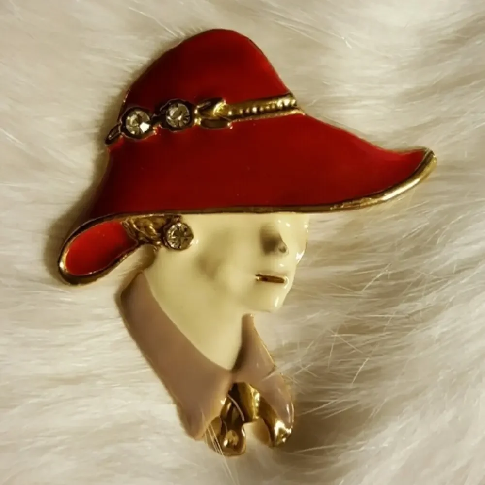 VINTAGE‎ RED HAT LADY WEARING HER BLING BROOCH
